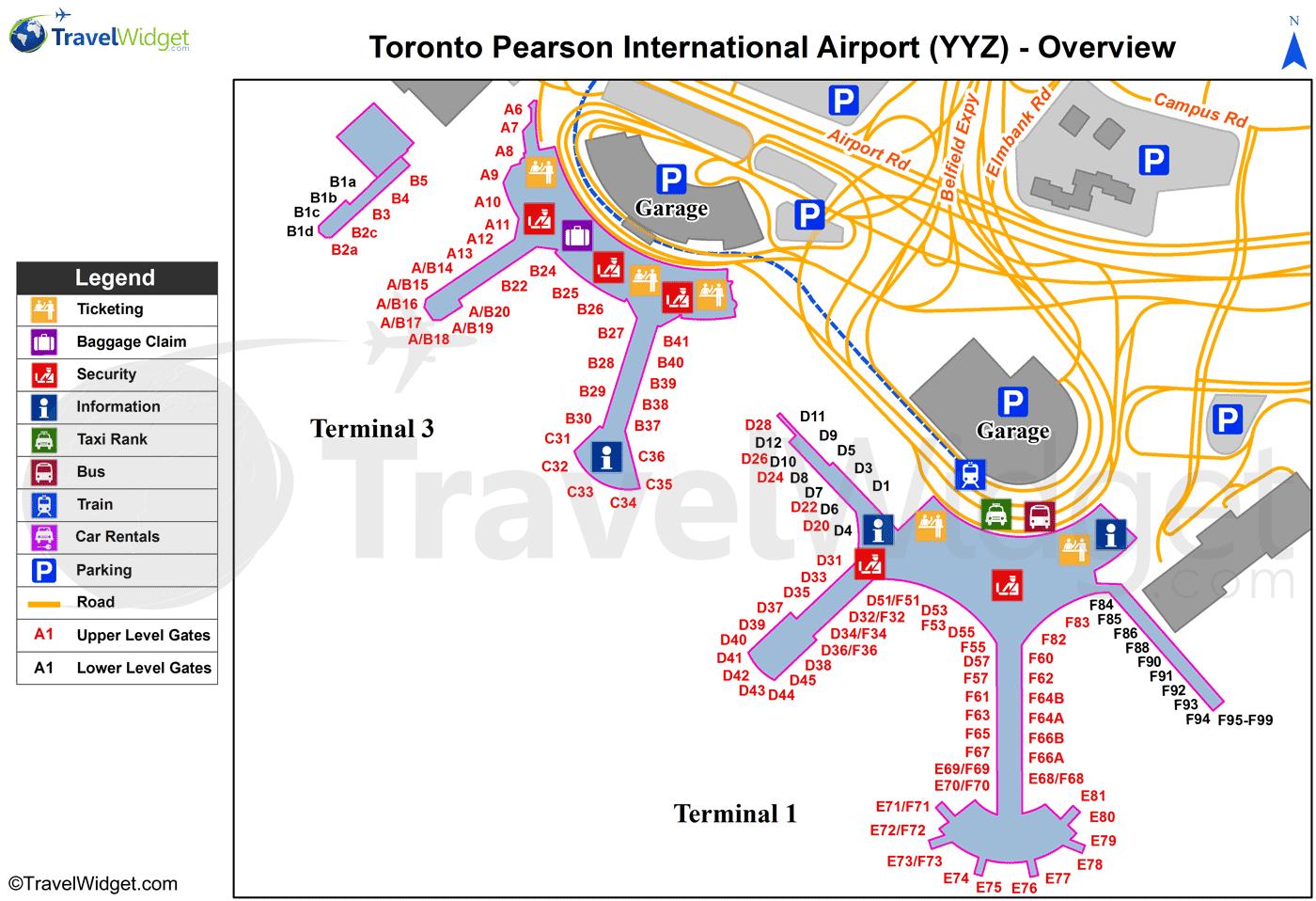 Plan aéroport international Pearson Toronto - Carte aéroport international  Pearson Toronto (Canada)