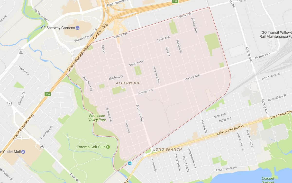 Carte Alderwood quartier Toronto
