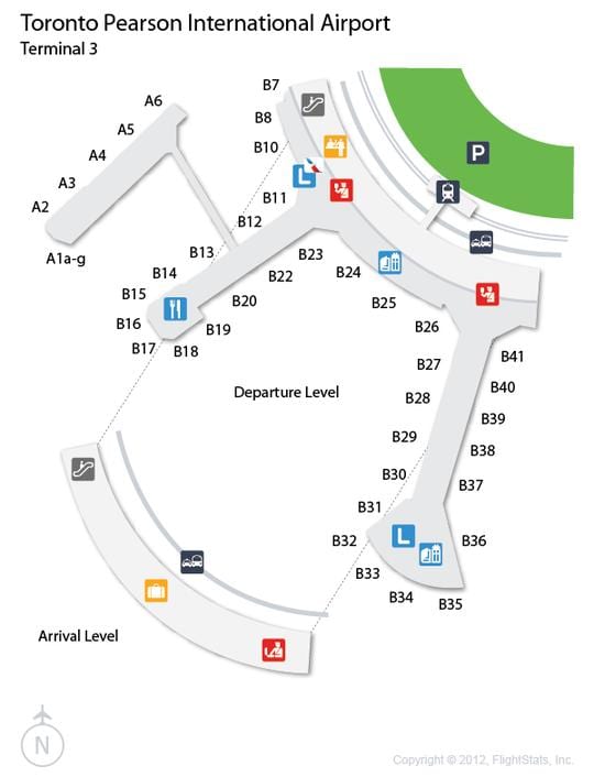 Carte arrivées terminal 3 aéroport Pearson Toronto