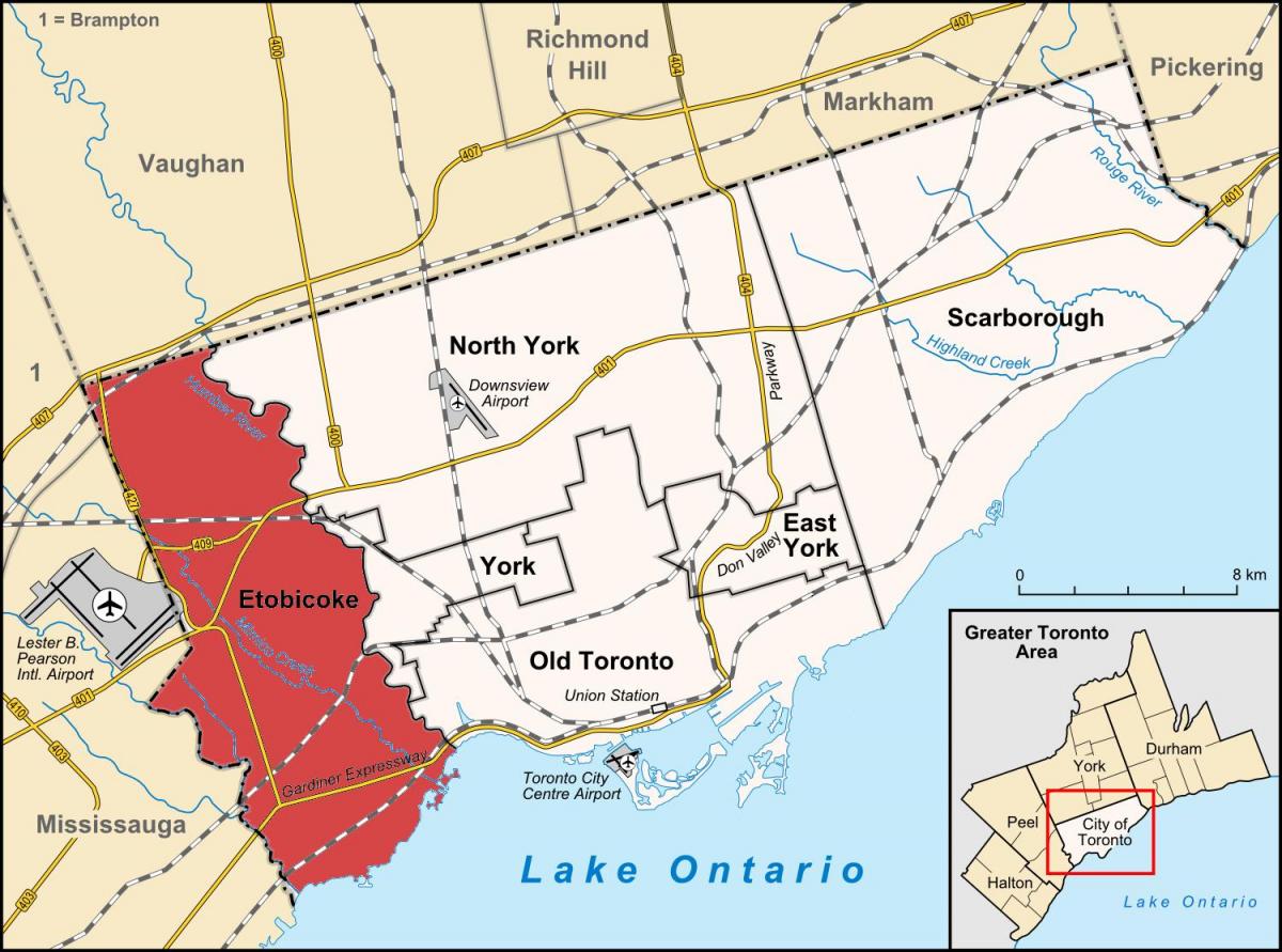 Carte Etobicoke district Toronto