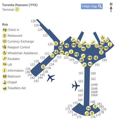 Carte guide du terminal 1 de l'aéroport de Toronto Pearson