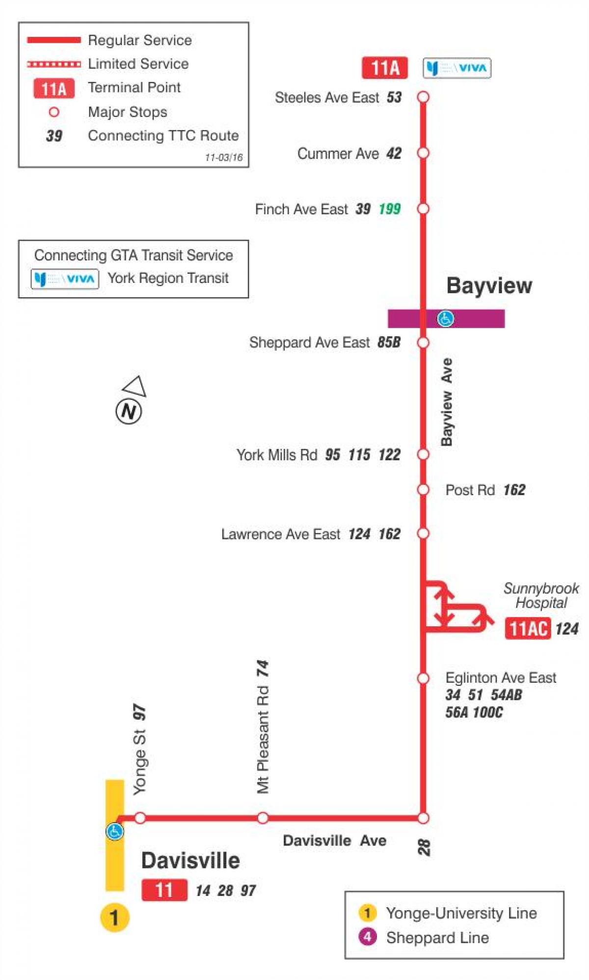 Carte TTC ligne bus 11 Bayview Toronto
