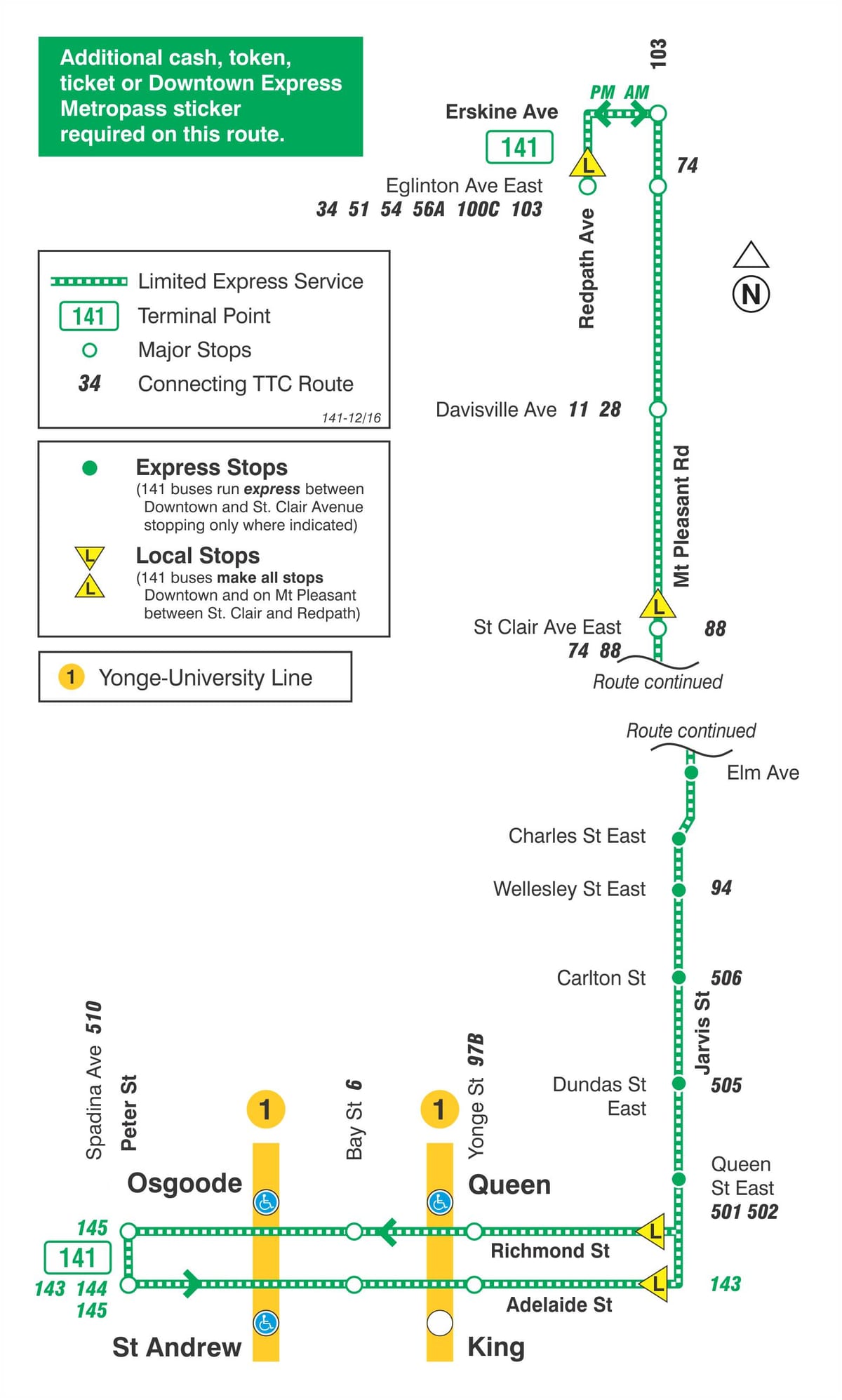 Carte TTC ligne bus 141 Downtown / Mt Pleasant Express Toronto