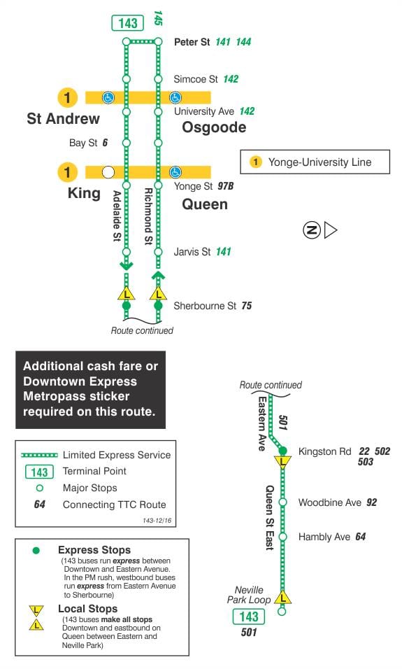 Carte TTC ligne bus 143 Downtown / Beach Express Toronto