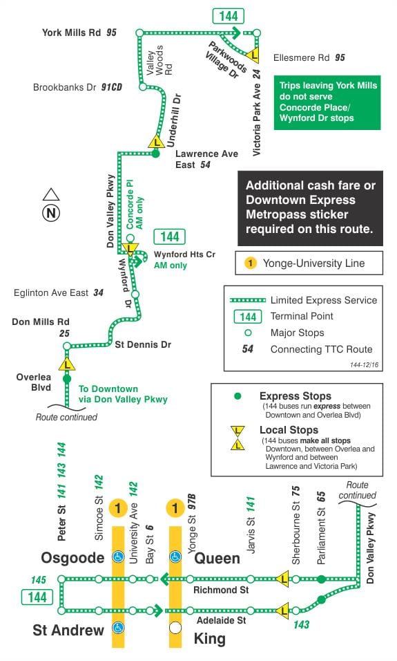 Carte TTC ligne bus 144 Downtown / Don Valley Express Toronto