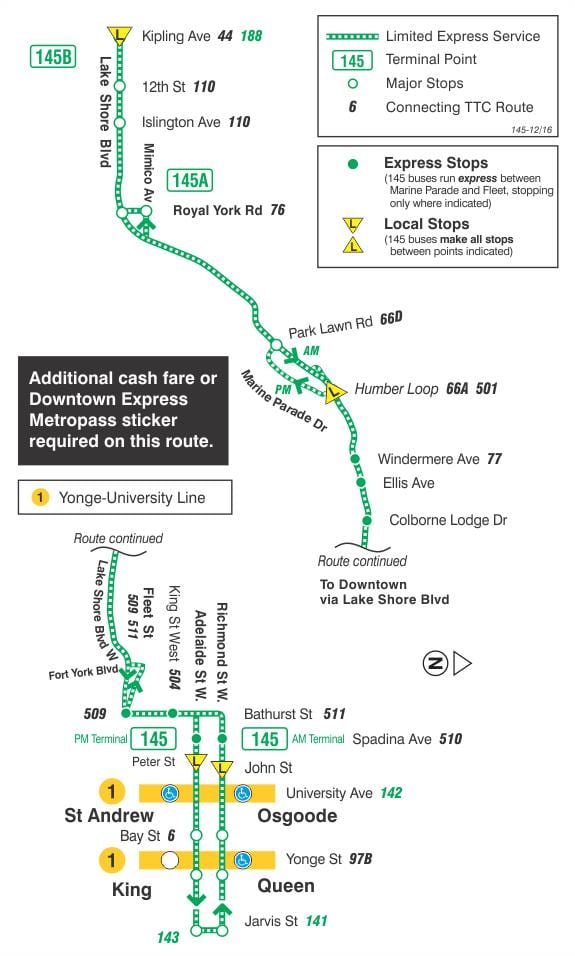 Carte TTC ligne bus 145 Downtown / Humber Bay Express Toronto