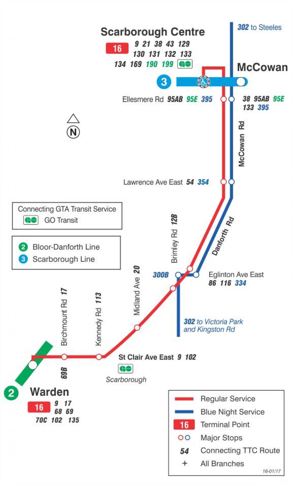 Carte TTC ligne bus 16 McCowan Toronto