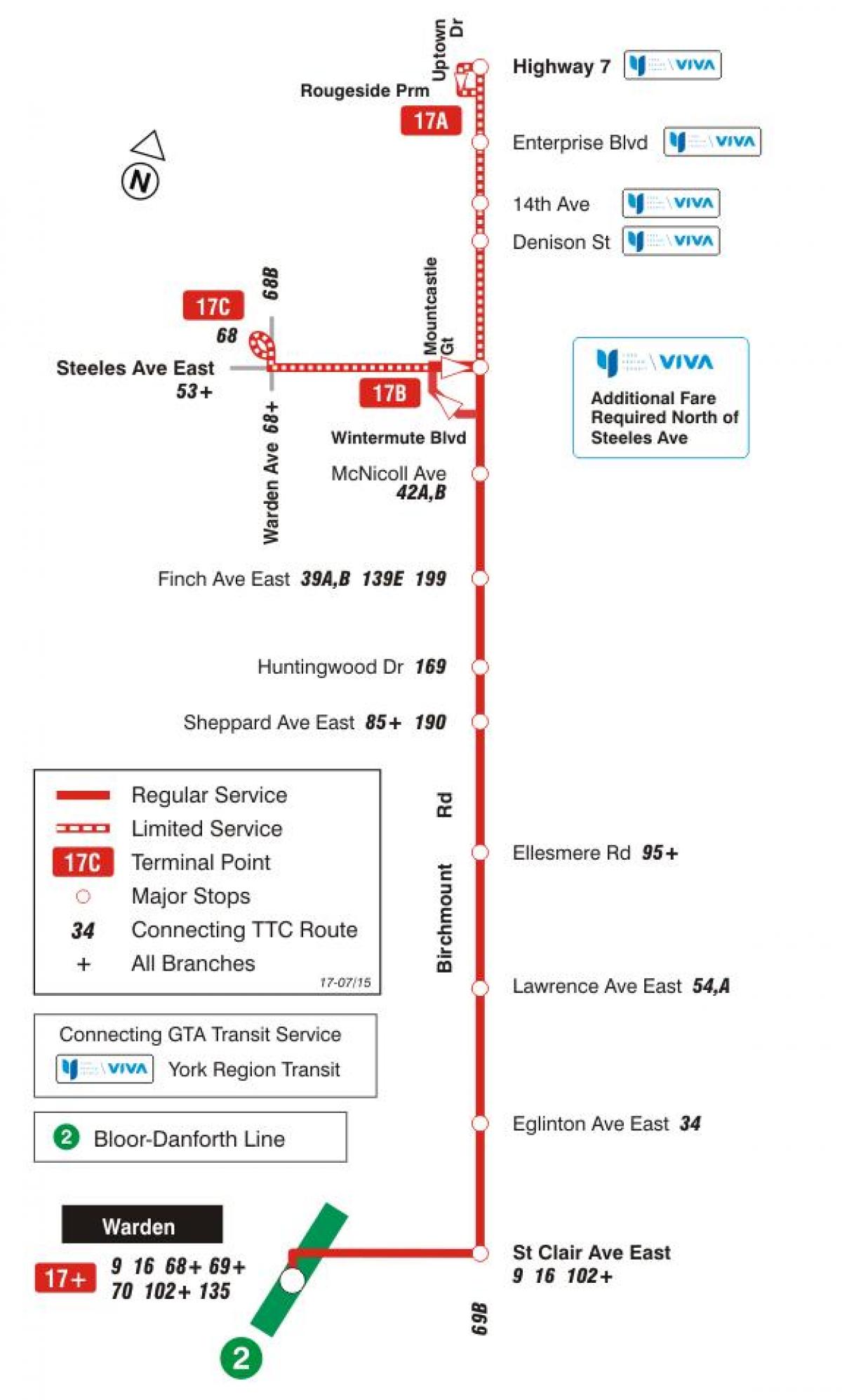 Carte TTC ligne bus 17 Birchmount Toronto