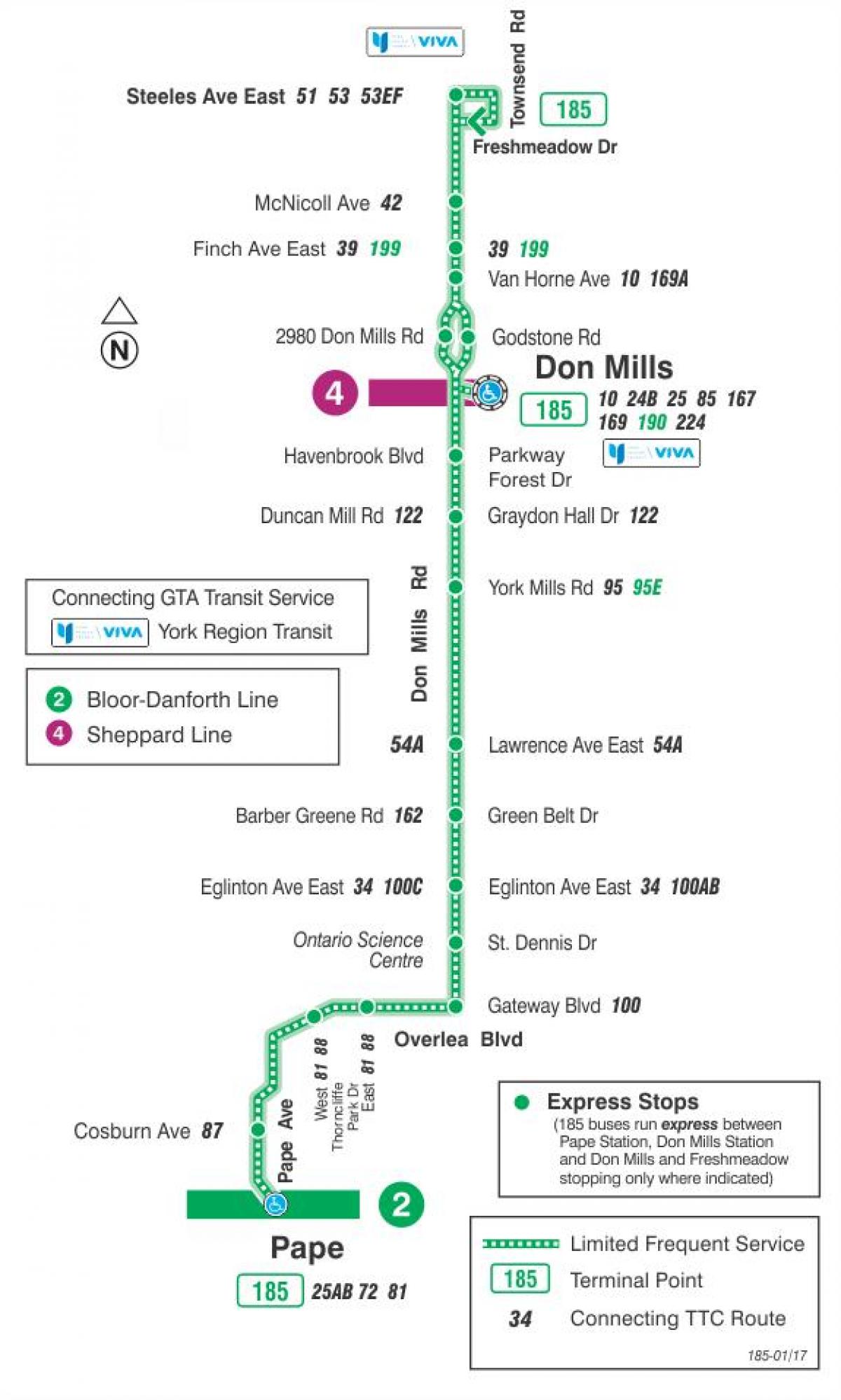 Carte TTC ligne bus 185 Don Mills Rocket Toronto