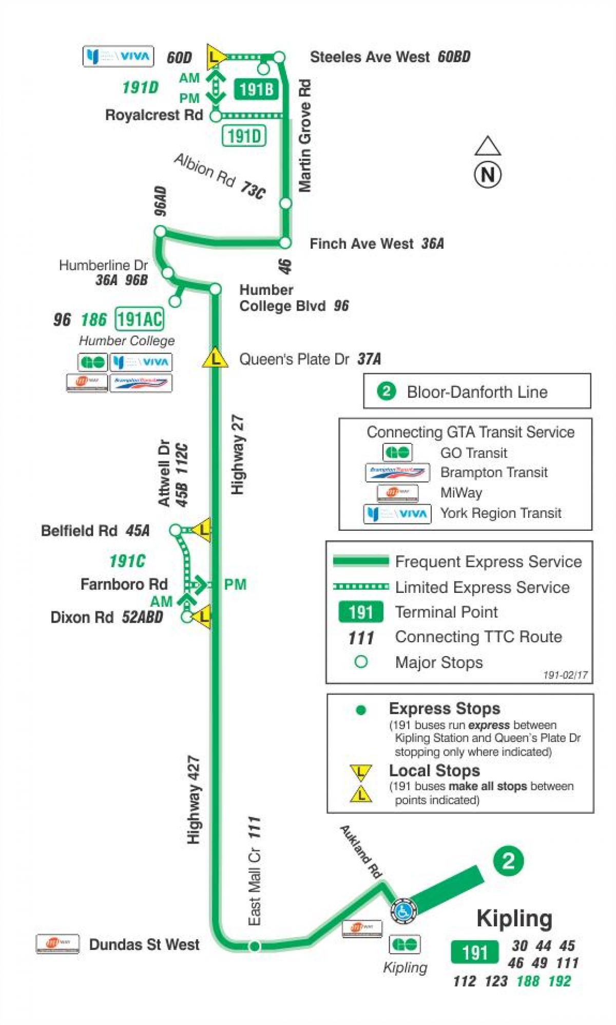 Carte TTC ligne bus 191 Highway 27 Rocket Toronto