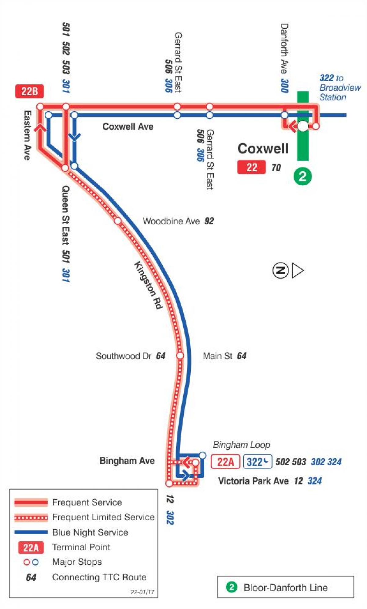 Carte TTC ligne bus 22 Coxwell Toronto