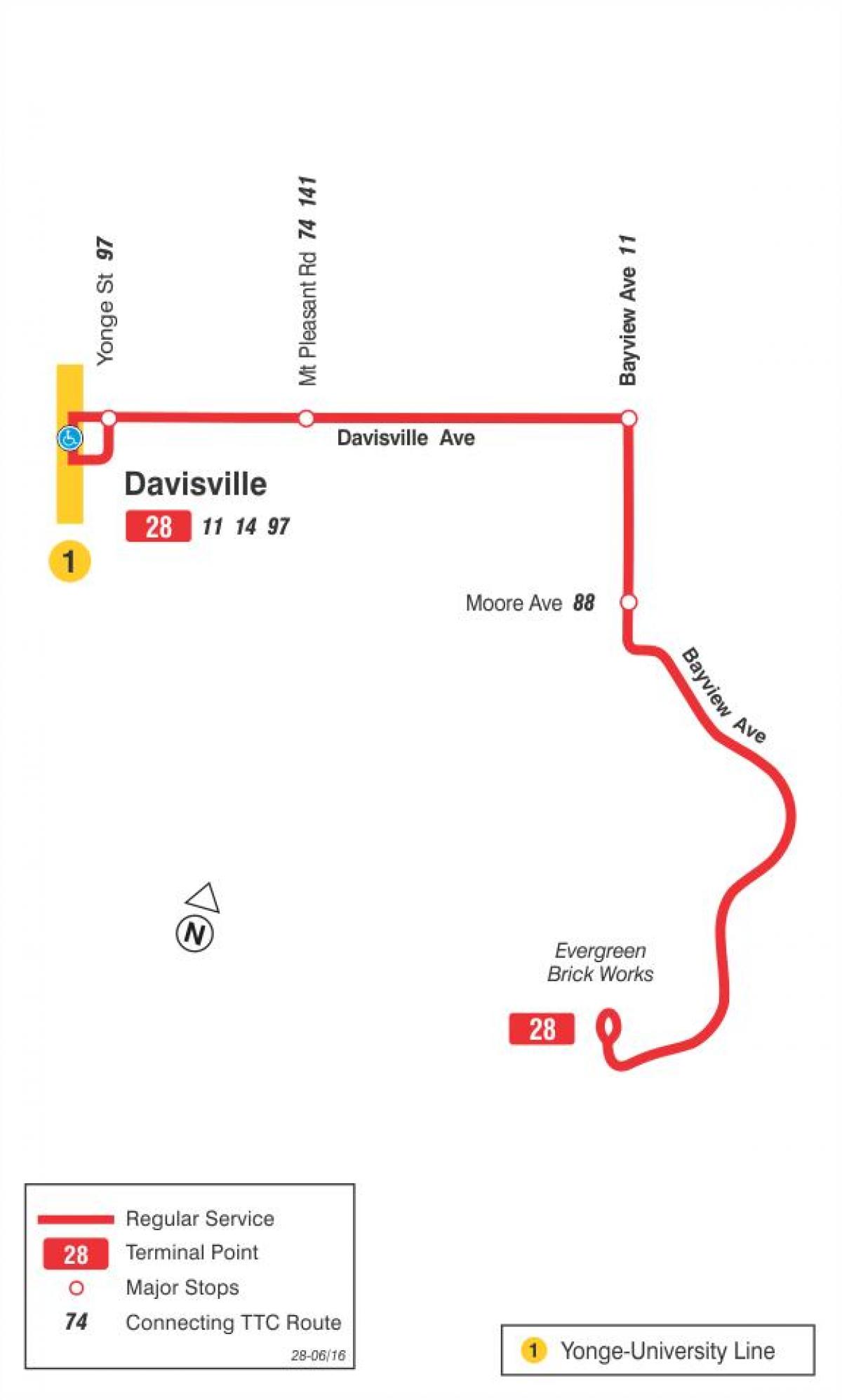 Carte TTC ligne bus 28 Bayview South Toronto