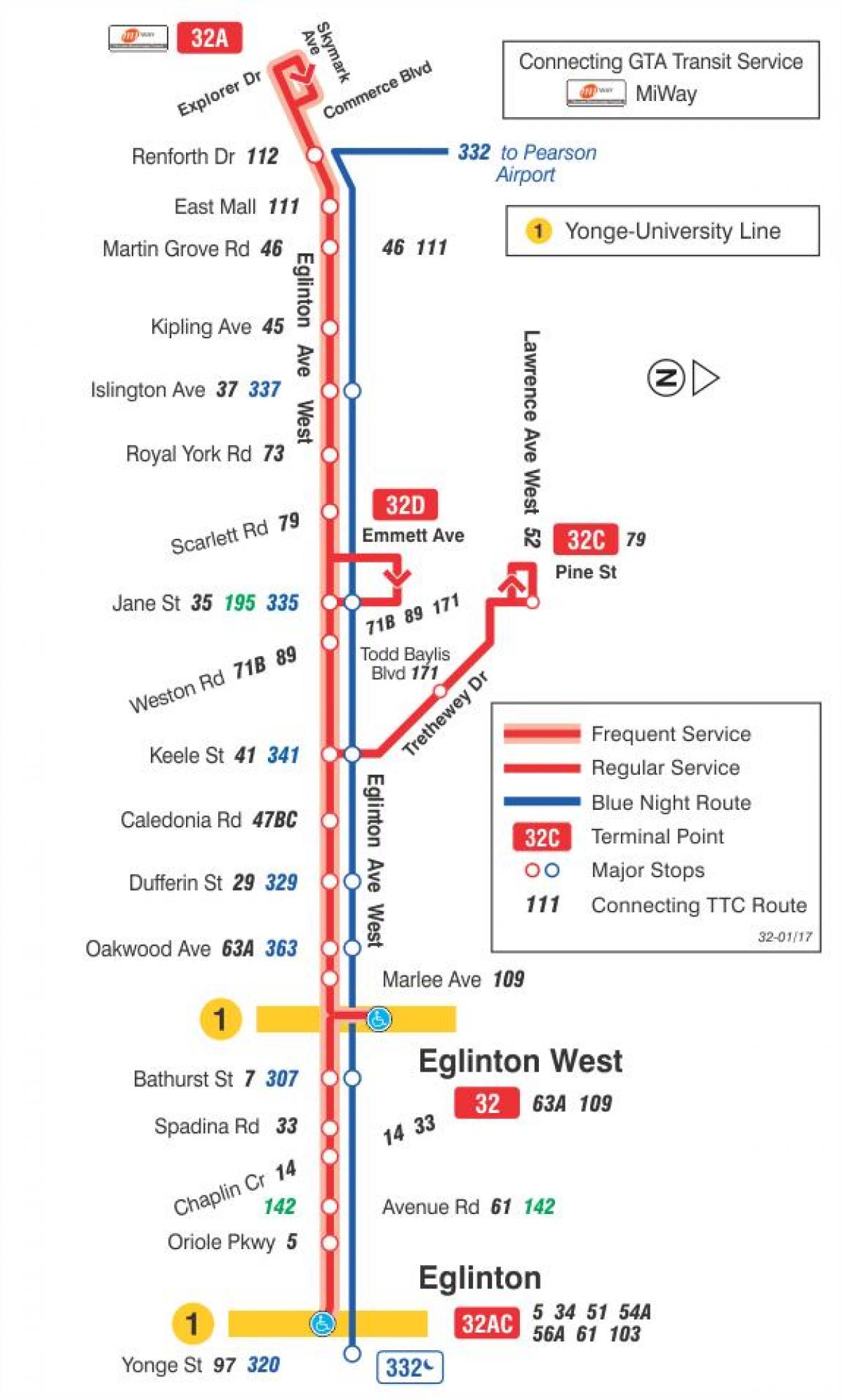Carte TTC ligne bus 32 Eglinton West Toronto