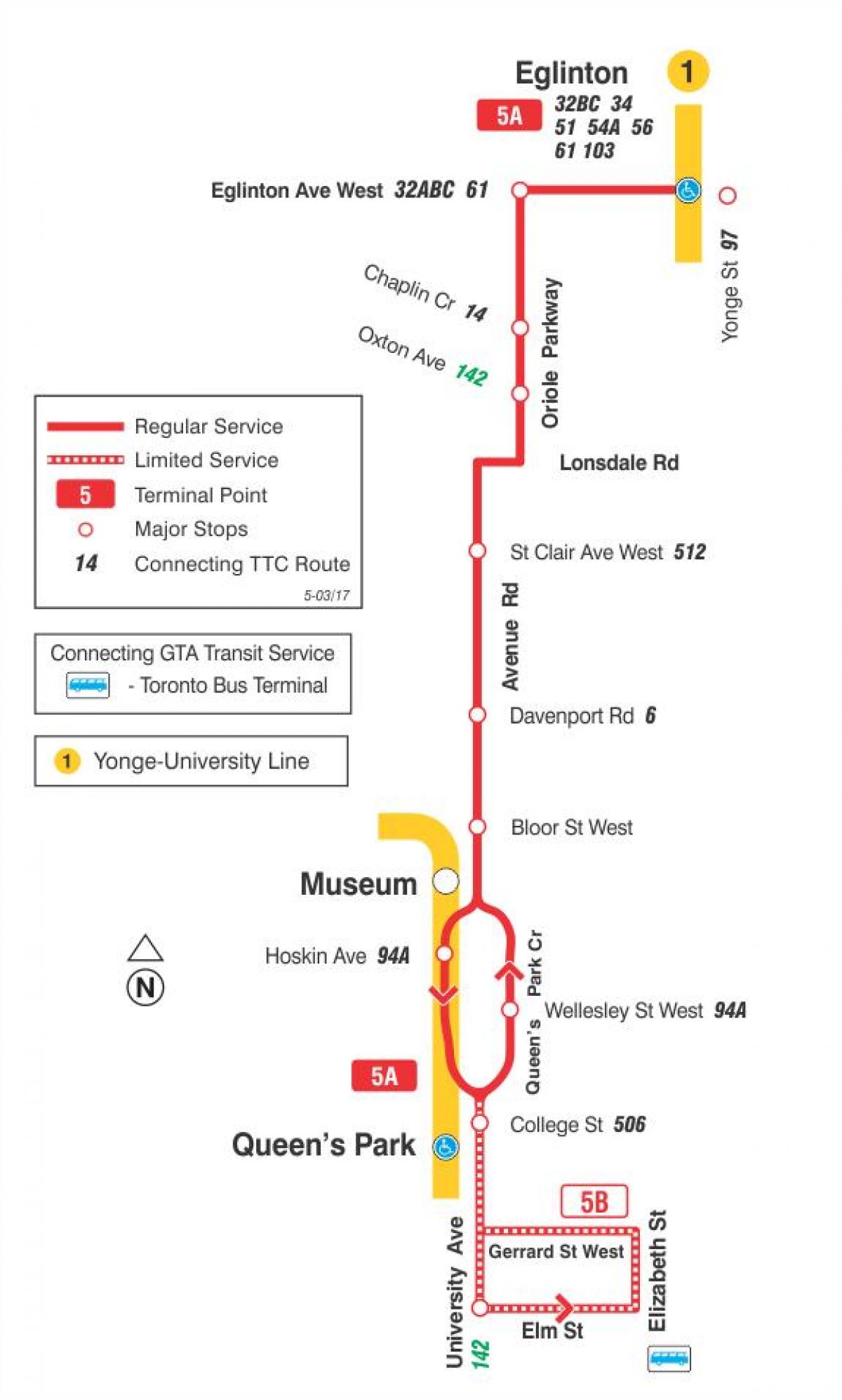 Carte TTC ligne bus 5 Avenue Rd Toronto