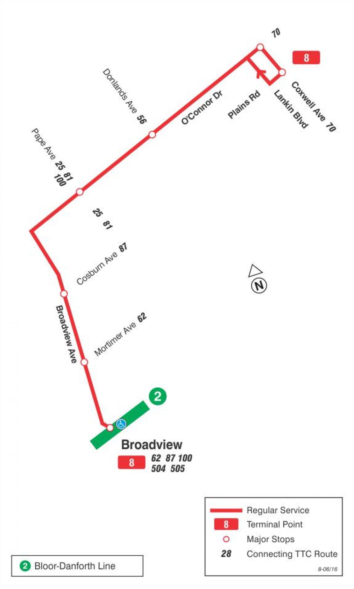 Carte TTC ligne bus 8 Broadview Toronto
