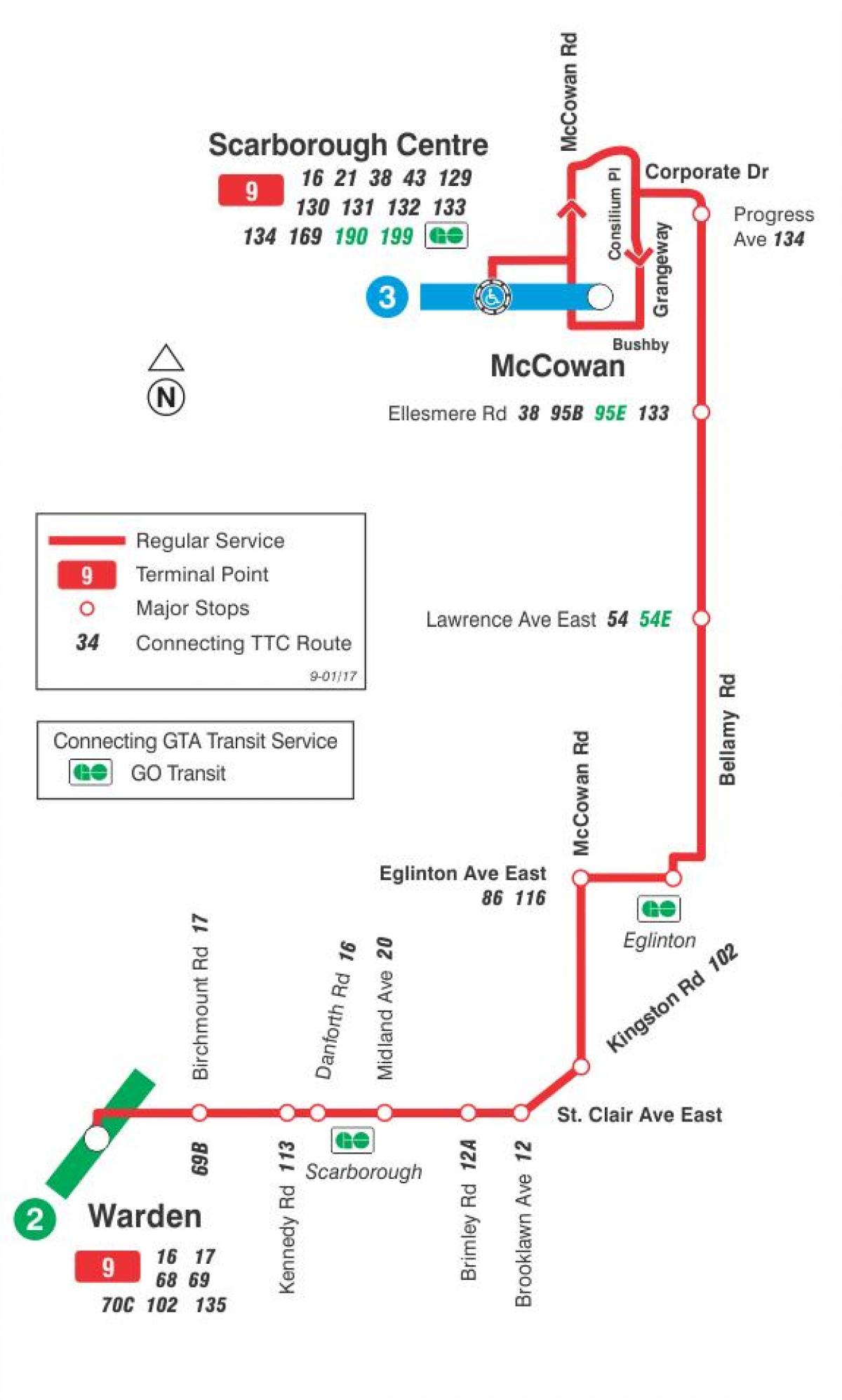 Carte TTC ligne bus 9 Bellamy Toronto