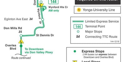 Carte TTC ligne bus 144 Downtown / Don Valley Express Toronto