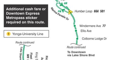 Carte TTC ligne bus 145 Downtown / Humber Bay Express Toronto